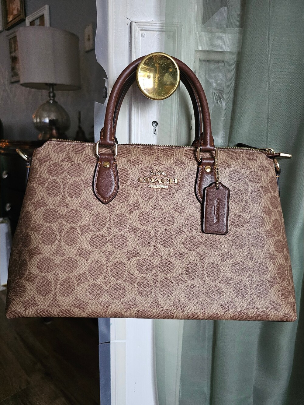 Coach Tan/Brown Signature Canvas Satchel with Leather Trim NWT